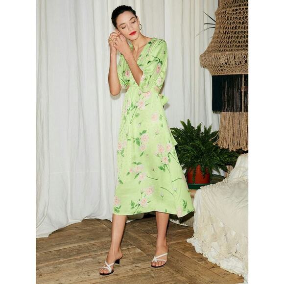 Kitri Minka Floral Midi Tea Dress Lime Green Women’s 2 Pastel Spring Resortwear - Picture 1 of 12
